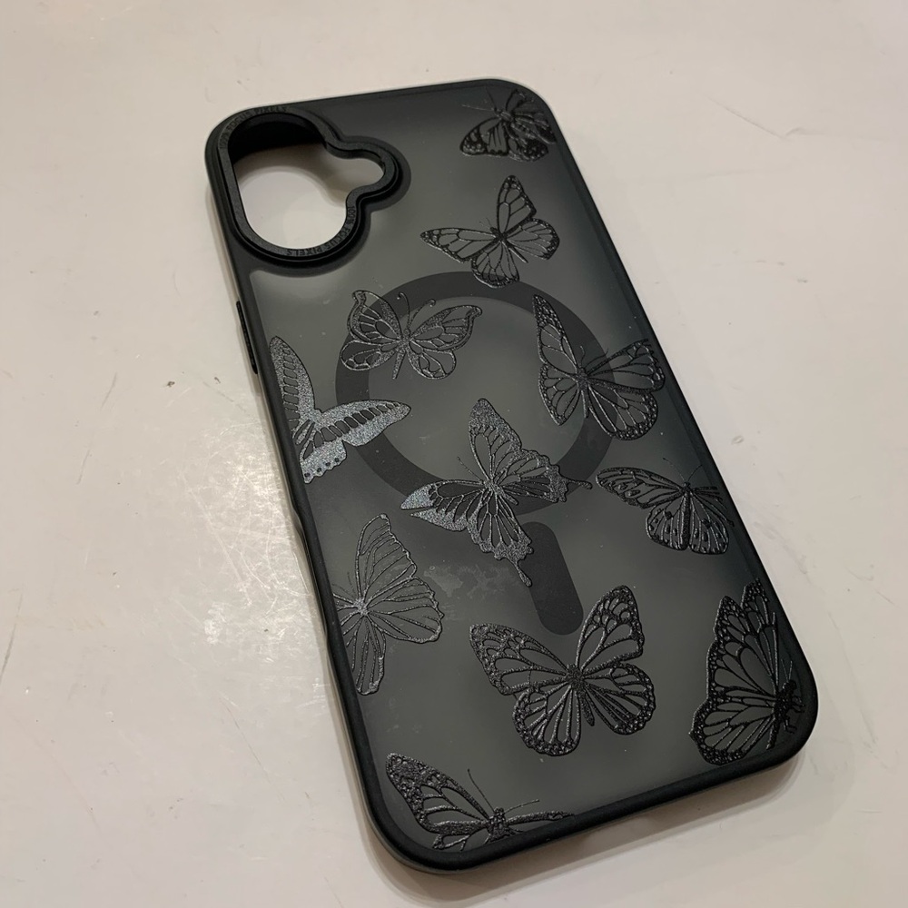 iPhone 16 Plus Black Butterfly Pattern Protective Phone Case